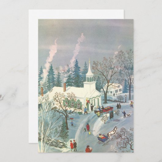 雪の中で教会に行く人々のヴィンテージクリスマス シーズンカード (正面/裏面)