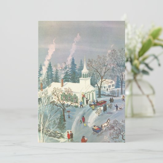 雪の中で教会に行く人々のヴィンテージクリスマス シーズンカード (スタンド正面)