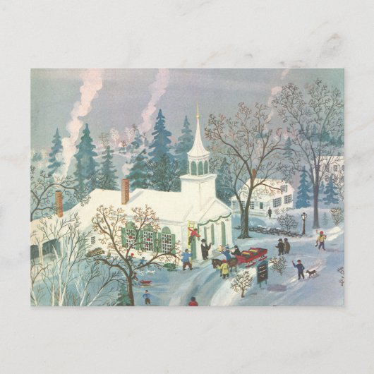 雪の中で教会に行く人々のヴィンテージクリスマス シーズンポストカード (正面)