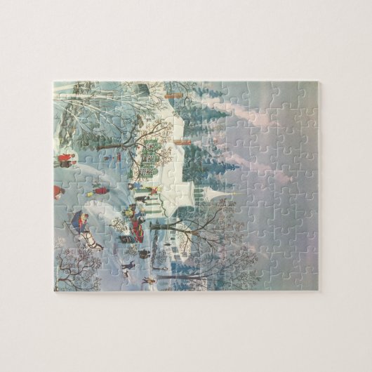 雪の中で教会に行く人々のヴィンテージクリスマス ジグソーパズル (横)