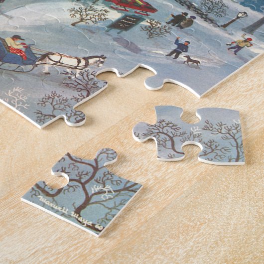 雪の中で教会に行く人々のヴィンテージクリスマス ジグソーパズル (側面)