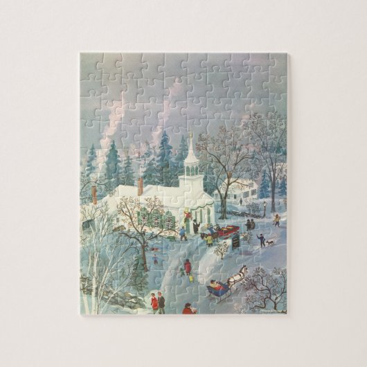 雪の中で教会に行く人々のヴィンテージクリスマス ジグソーパズル (縦)