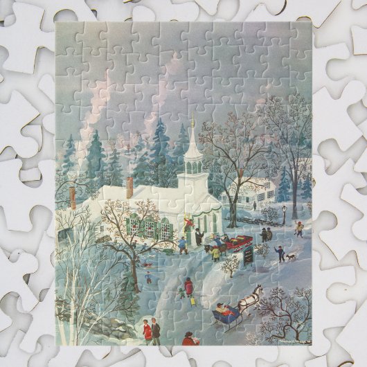 雪の中で教会に行く人々のヴィンテージクリスマス ジグソーパズル