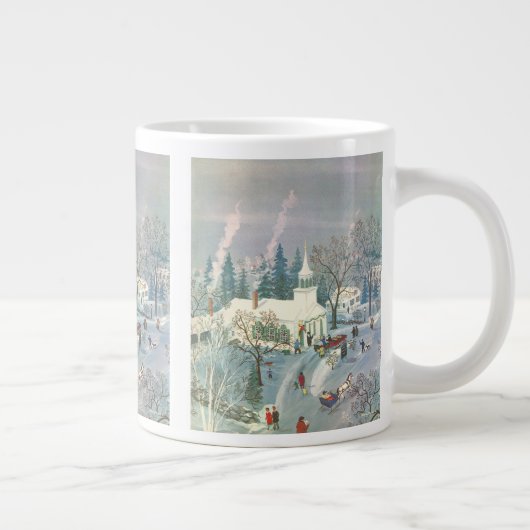 雪の中で教会に行く人々のヴィンテージクリスマス ジャンボコーヒーマグカップ (右)