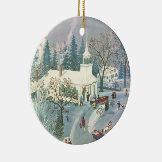 雪の中で教会に行く人々のヴィンテージクリスマス セラミックオーナメント (右)