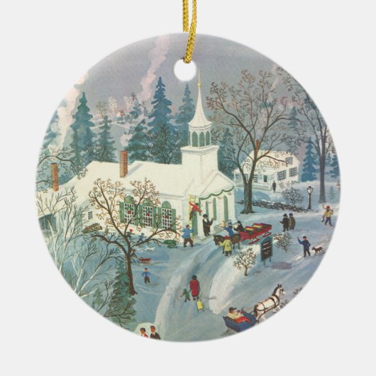 雪の中で教会に行く人々のヴィンテージクリスマス セラミックオーナメント (正面)