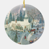 雪の中で教会に行く人々のヴィンテージクリスマス セラミックオーナメント (裏面)
