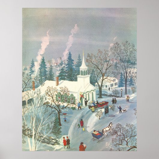 雪の中で教会に行く人々のヴィンテージクリスマス ポスター (正面)
