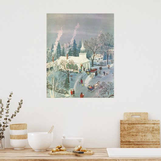 雪の中で教会に行く人々のヴィンテージクリスマス ポスター (キッチン)