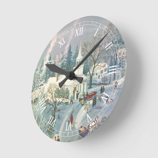 雪の中で教会に行く人々のヴィンテージクリスマス ラウンド壁時計 (傾斜)