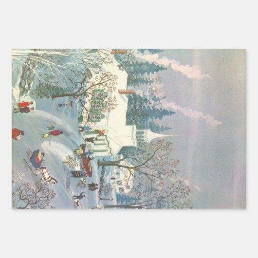 雪の中で教会に行く人々のヴィンテージクリスマス ラッピングペーパーシート (正面)