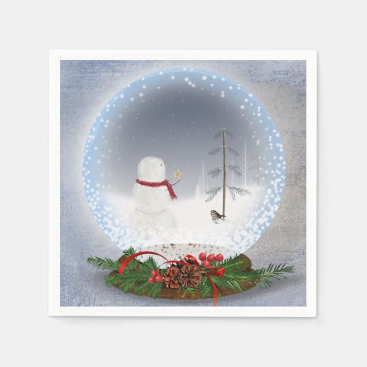 雪の中で星を持つクリスマス雪だるま スタンダードカクテルナプキン (正面)