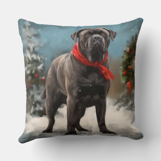 雪の中で杖のコルソ犬 クッション (裏面)