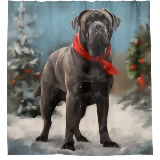 雪の中で杖のコルソ犬 シャワーカーテン (正面)