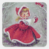 雪の中で歌うかわいいヴィンテージのクリスマスガール スクエアシール (正面)