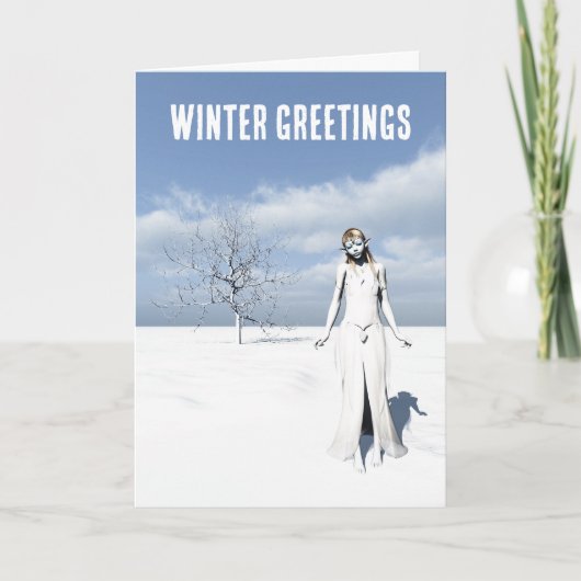 雪の中で歩く女性のエルフ。冬の挨拶。 カード (正面)
