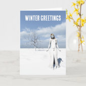 雪の中で歩く女性のエルフ。冬の挨拶。 カード (黄色い花)
