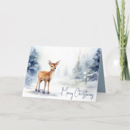 雪の中で水色のクリスマスの子鹿 シーズンカード