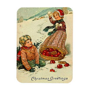 雪の中で男の子と女の遊子のクリスマスのヴィンテージ マグネット