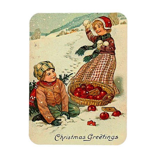 雪の中で男の子と女の遊子のクリスマスのヴィンテージ マグネット (縦)