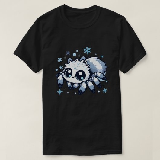 雪の中で白いジャンプする可愛いクモ Tシャツ (デザイン正面)