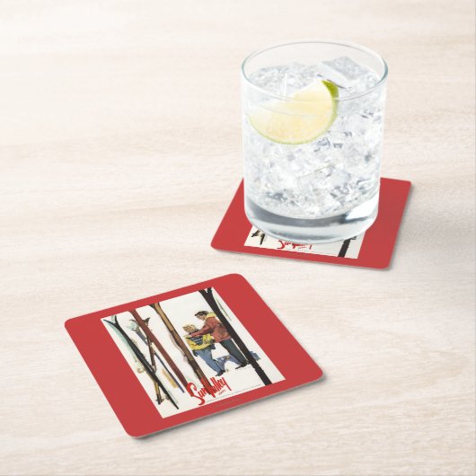 雪の中で立ち上がるスキー夫妻のポスター スクエアペーパーコースター (インサイチュ)