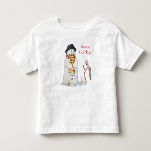 雪の中で笑顔を見せるかわいい雪だるま、クリスマスには笑顔を見せる トドラーTシャツ (正面)