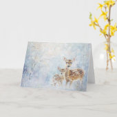 雪の中で美しい森林の動物の鹿 カード (黄色い花)