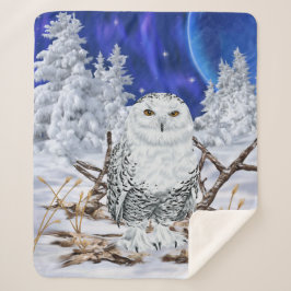 雪の中で美しい雪ふくろうプリント シェルパブランケット