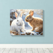 雪の中で茶色と白の愛らしいウサギたち キャンバスプリント (インサイチュ (ウッドフロア))