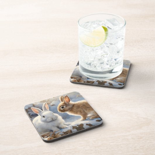 雪の中で茶色と白の愛らしいウサギたち コースター (右側)