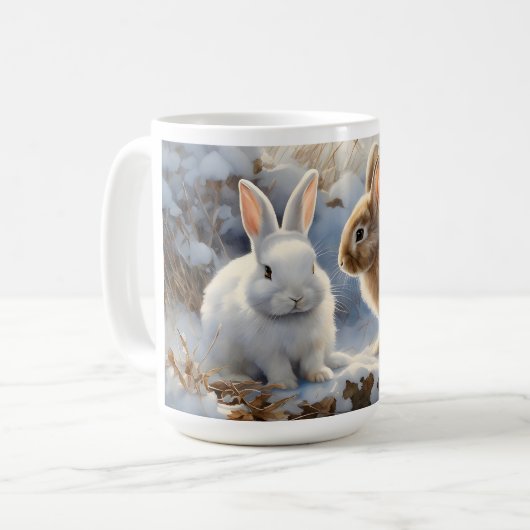 雪の中で茶色と白の愛らしいウサギたち コーヒーマグカップ (正面左)