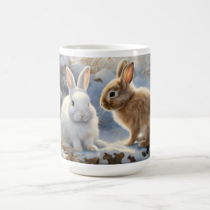 雪の中で茶色と白の愛らしいウサギたち コーヒーマグカップ