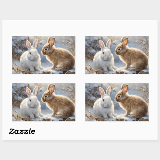 雪の中で茶色と白の愛らしいウサギたち 長方形シール (シート)
