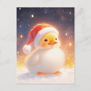 雪の中で赤いサンタ帽をかぶった白いアヒルの子 ポストカード