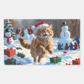 雪の中で走るクリスマスハットを被ったトルコアンゴラ 長方形シール (正面)