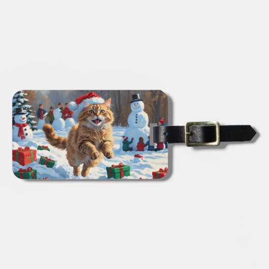 雪の中で走るクリスマス帽子のトルコアンゴラ ラゲッジタグ (正面横)