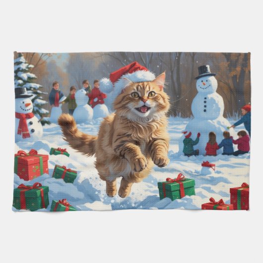 雪の中で走るトルコアンゴラ猫 クリスマスハット キッチンタオル (横)