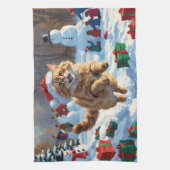 雪の中で走るトルコアンゴラ猫 クリスマスハット キッチンタオル (縦)