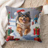 雪の中で走Keeshond Dog Hatとクリスマスハット クッション (ブランケット)