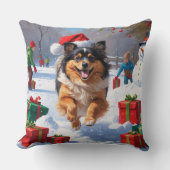 雪の中で走Keeshond Dog Hatとクリスマスハット クッション (正面)