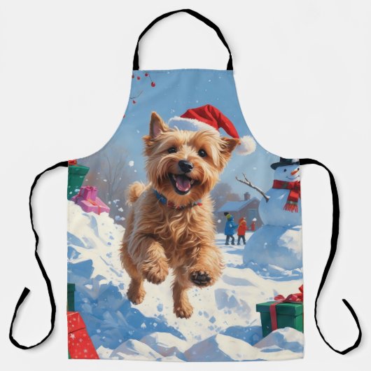雪の中で走Wheaten Terrier Hatとクリスマスハット エプロン (正面)