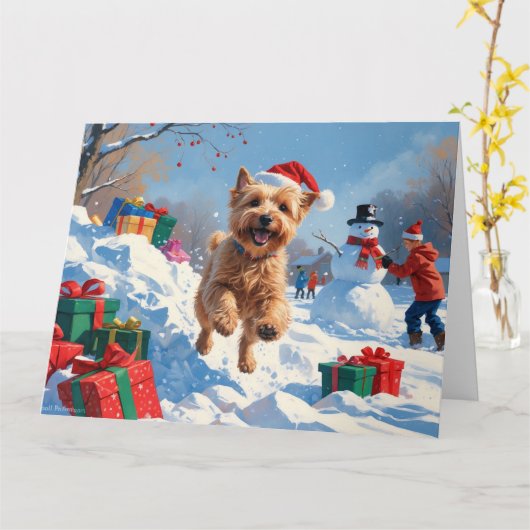 雪の中で走Wheaten Terrier Hatとクリスマスハット カード (黄色い花)