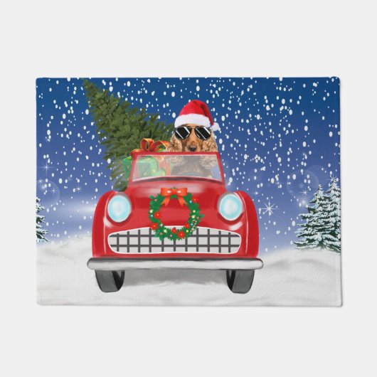 雪の中で車を運転するコッカー・スパニエル クリスマス ドアマット (正面)