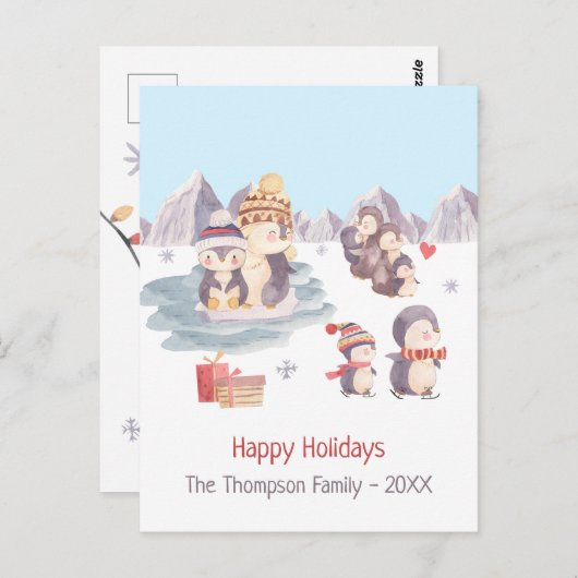 雪の中で遊かわいいペンギンたちハッピーホリデー ポストカード (正面/裏面)