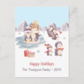 雪の中で遊かわいいペンギンたちハッピーホリデー ポストカード (正面)