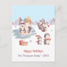 雪の中で遊かわいいペンギンたちハッピーホリデー ポストカード