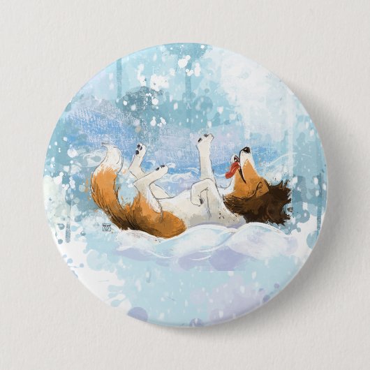 雪の中で遊ぶシェルティーのシェルドン 缶バッジ (正面)