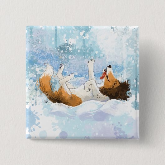 雪の中で遊ぶシェルティーのシェルドン 缶バッジ (正面)