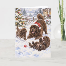 雪の中で遊ぶニューファンドランドの仔犬たち ポストカード